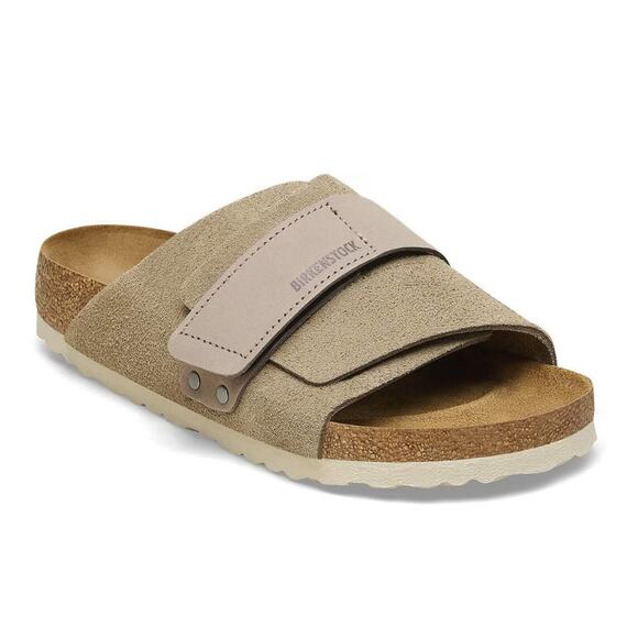 Birkenstock Sandals Mens 11 Kyoto Nubuck Suede Leather Taupe Slide Strap Preppy - Picture 1 of 11